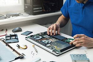 Technician working on an open laptop