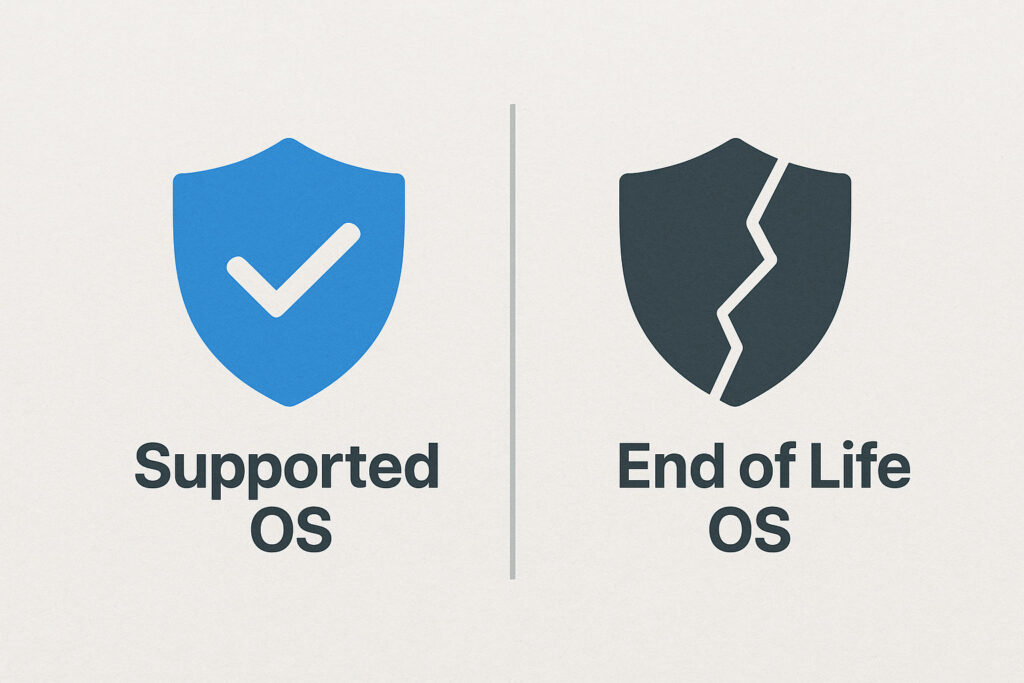 Windows 10 End of Life: What It Ultimately Means and What You Should Do Next 2 Comparison image showing two shields. one whole and the other blackened and cracked. this symbolises the difference between a Supported OS and an OS at the End of Life Phase.