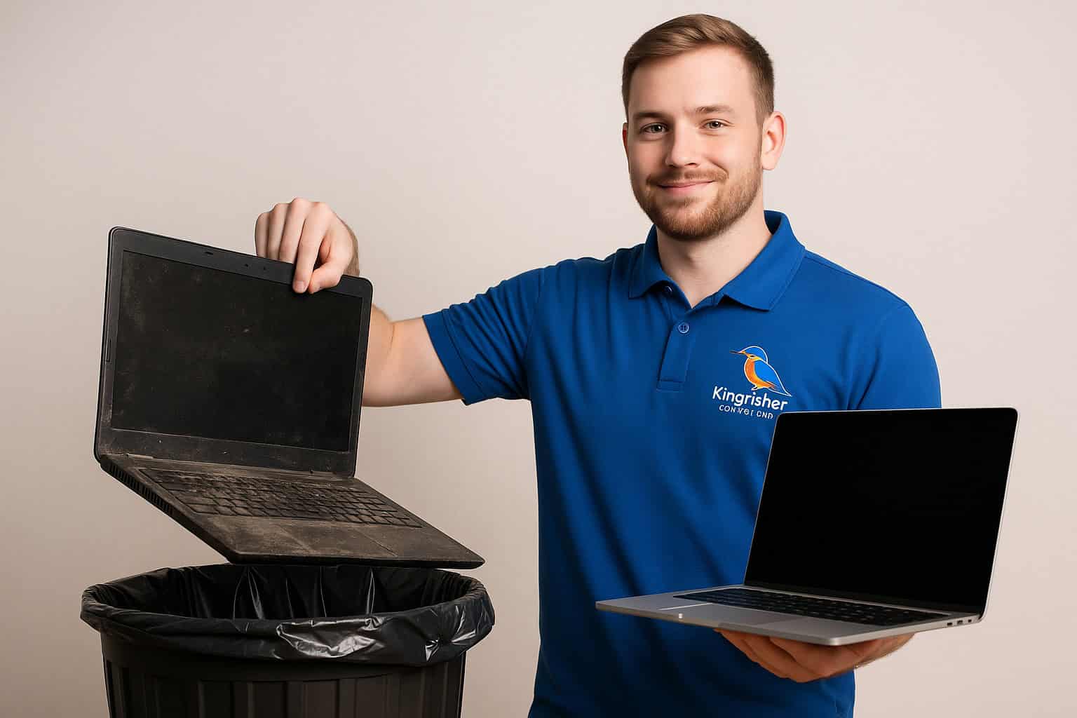 Windows 10 End of Life: What It Ultimately Means and What You Should Do Next 8 image of a dusty old laptop being put in a bin with a technician standing there in a shirt with the kingfisher logo on it holding a brand new looking laptop