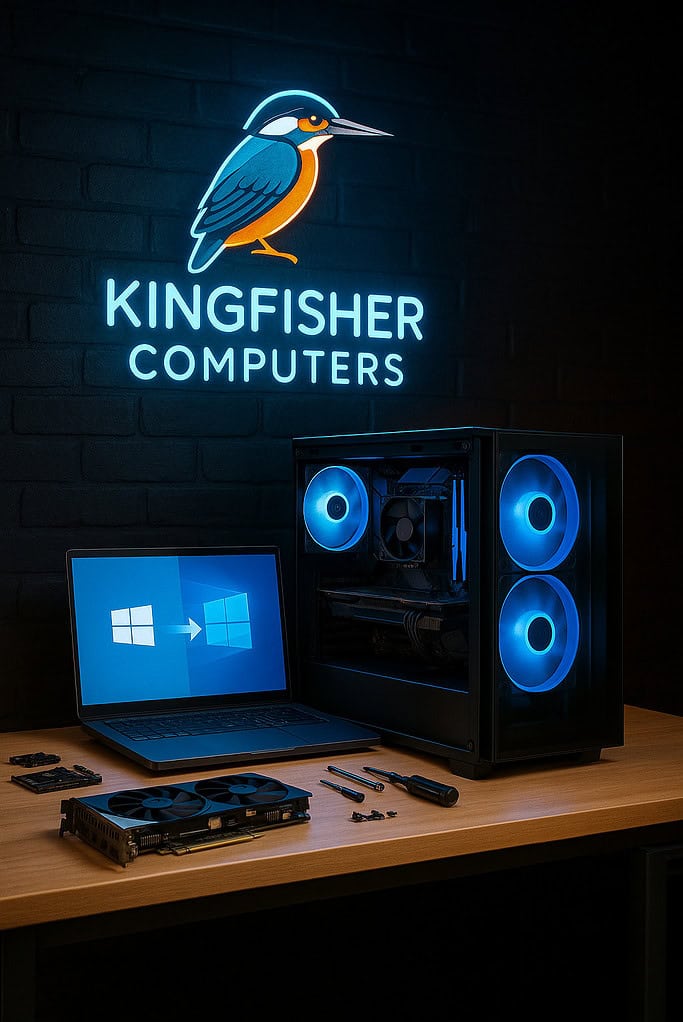 Windows 10 End of Life: What It Ultimately Means and What You Should Do Next 9 a custom desktop pc being built on a workbench. a neon kingfisher computers logo on the wall above the desk.