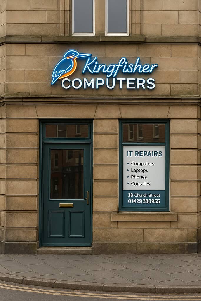 Windows 10 End of Life: What It Ultimately Means and What You Should Do Next 10 image showing this shop from the font that would be great. It would also be cool if you could a neon sign with the Kingfisher Computers logo to the front of the store above the door