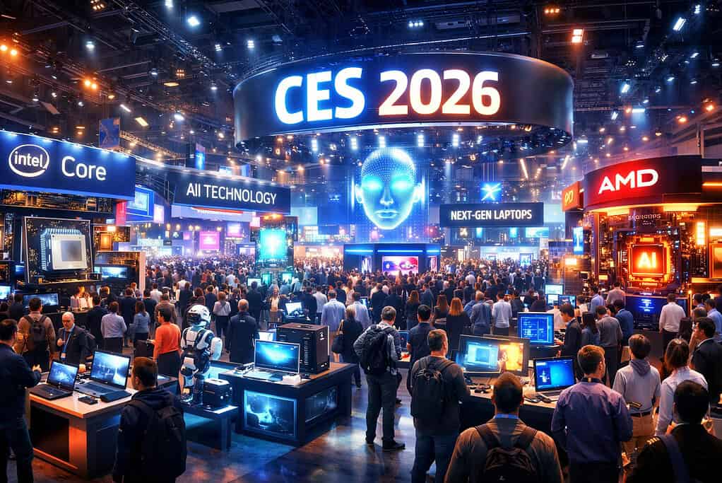 CES 2026: What the Future of Computers Means for You — A Kingfisher Computers Deep Dive 1 Wide panoramic image of bustling CES 2026 show floor with laptops, CPUs, AI demos, and crowds — vibrant, high-tech exhibition hall interior
