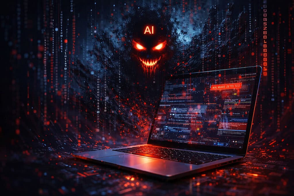 CES 2026: What the Future of Computers Means for You — A Kingfisher Computers Deep Dive 5 a Dark, dramatic Cybersecurity visual showing an AI-powered malware shadow over a laptop with code streams, high-contrast, cinematic lighting.