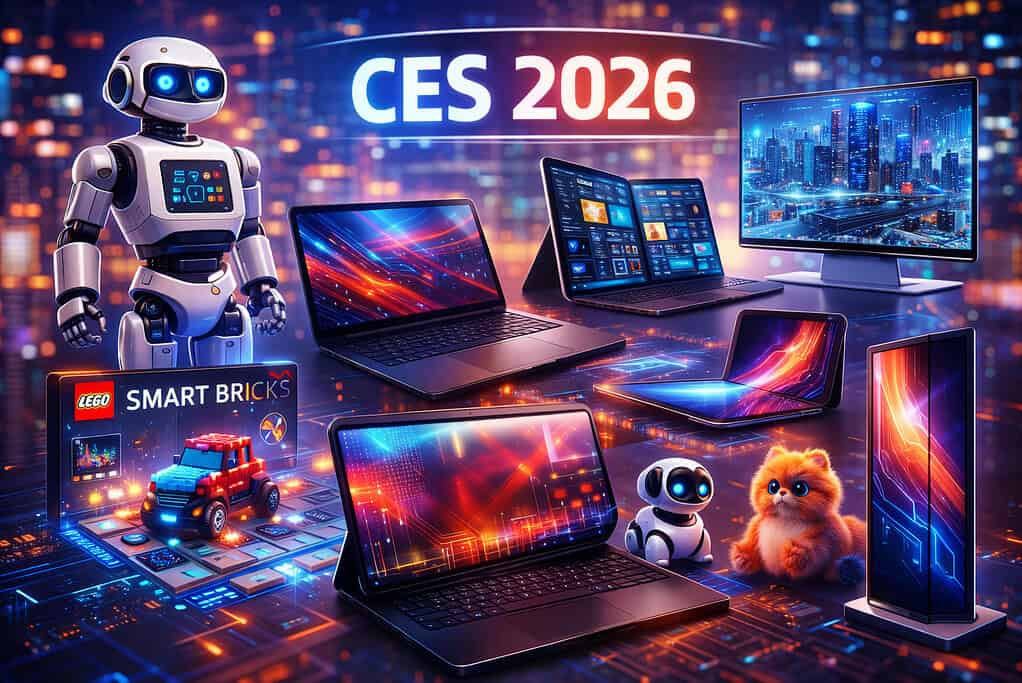 CES 2026: What the Future of Computers Means for You — A Kingfisher Computers Deep Dive 6 a Colorful collage of quirky CES 2026 gadgets — home robot, smart toys, foldable laptops, and futuristic screens.