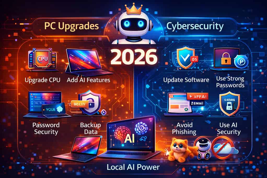 CES 2026: What the Future of Computers Means for You — A Kingfisher Computers Deep Dive 7 Infographic style visual summarizing key PC upgrade strategies and cybersecurity tips for 2026 users learned from CES 2026.