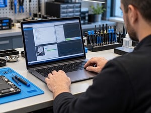 Illustrative technician checking laptop diagnostics